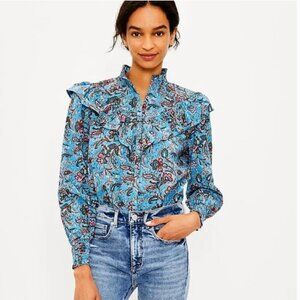Loft blue floral patterned ruffle blouse